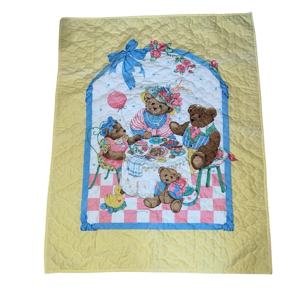 Vtg Teddy Bear Family Tea Time Quilted Baby Blanket Double Sided Handmade Unisex